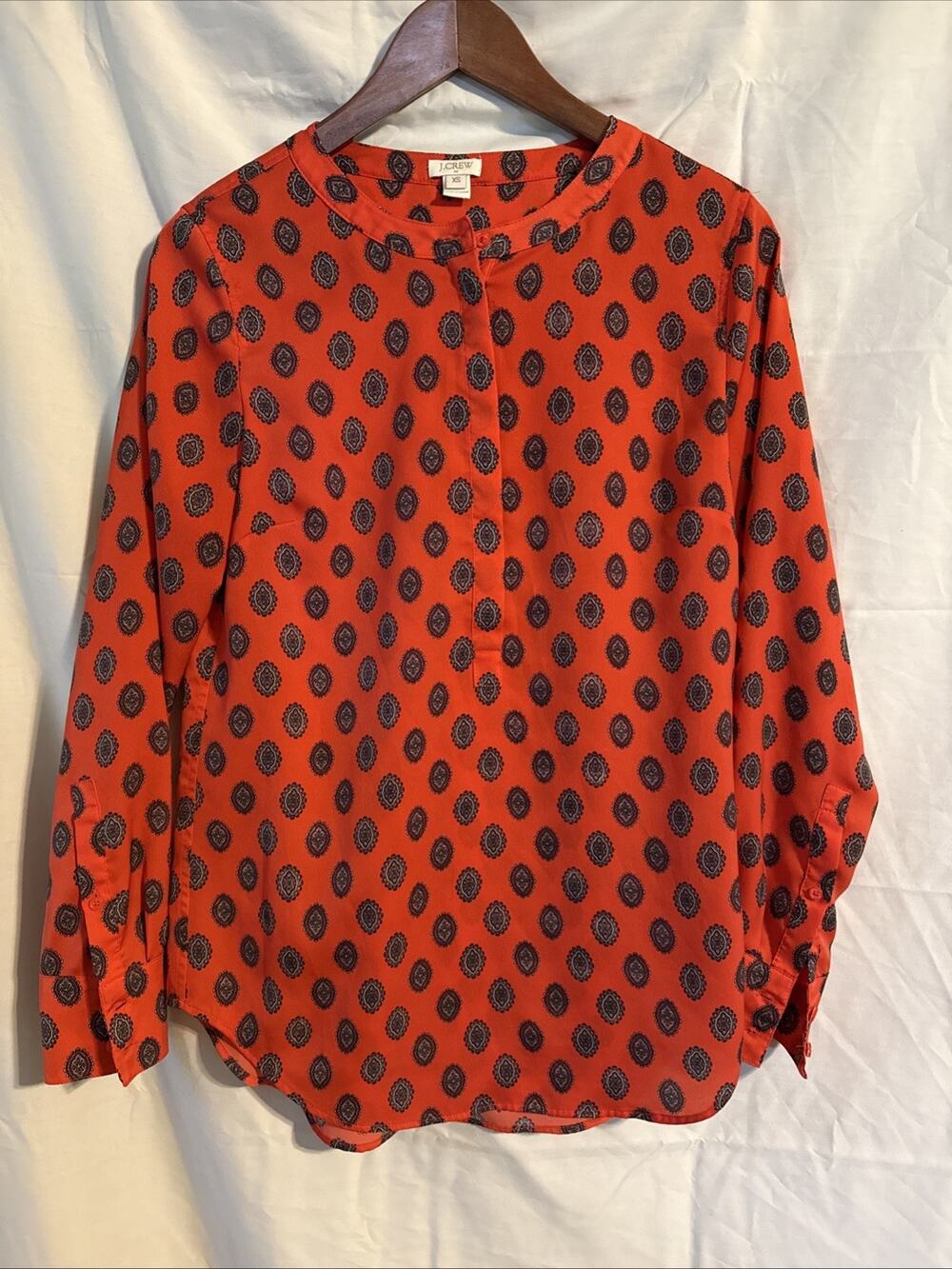 J.Crew Women's Red Paisley Print Long Sleeve Popover Blouse Shirt Top XS